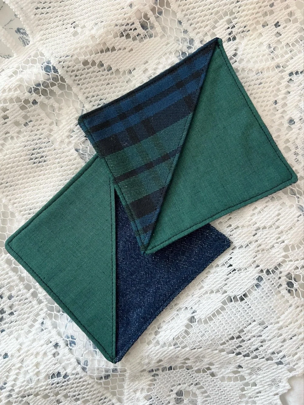Handmade Navy Green Tartan Plaid Corner Bookmark Set